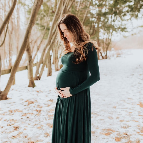 PinkBlush Forest Green Solid Off Shoulder Maternity Maxi Dress (Size Small) - Picture 6 of 7